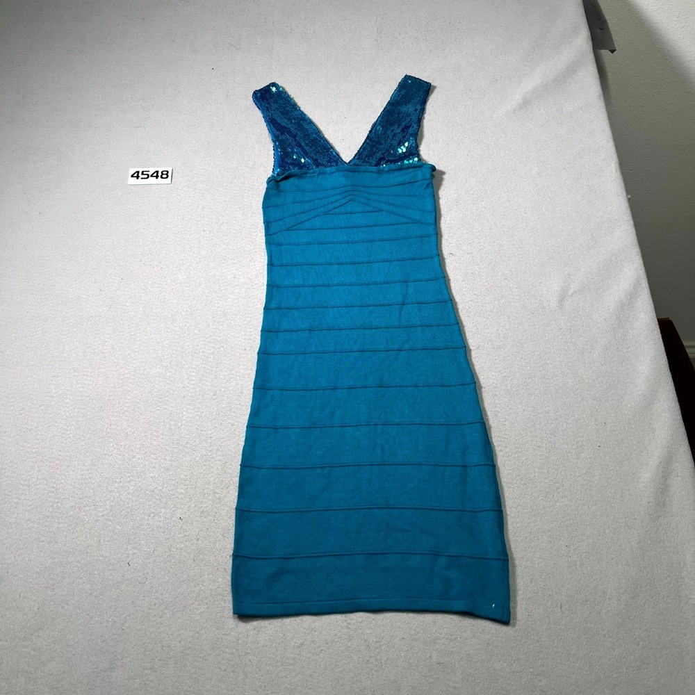 2b Bebe Tank Dress Womens Medium Teal Blue Sequin V Neck Cocktail Ribbed Knit